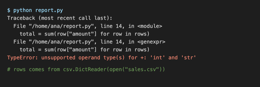 Terminal screenshot of a Python TypeError: unsupported operand type(s) for +: int and str