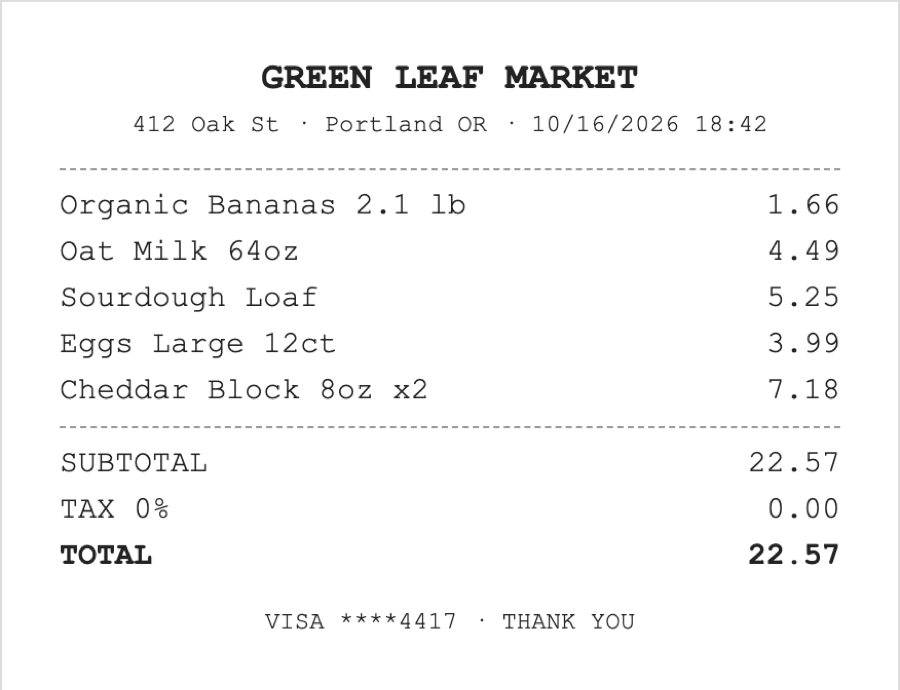 A grocery receipt from Green Leaf Market with five items totaling 22.57