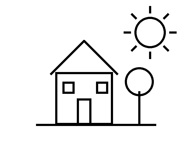 Test picture: a child-style line drawing of a house, a sun and a tree