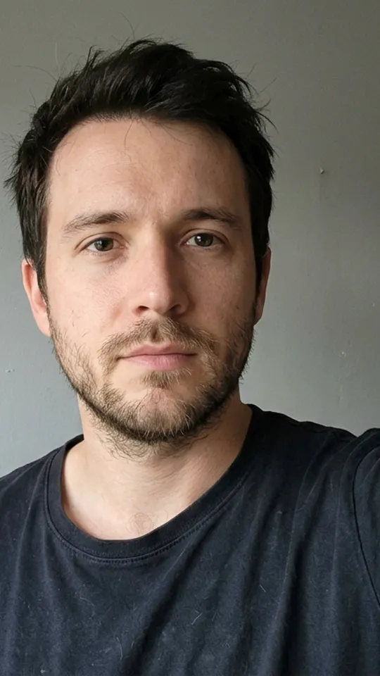 An ordinary selfie of a man against a plain grey wall