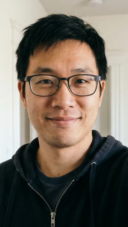 An invented man in glasses, selfie against a white wall